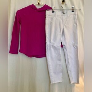 Girls 6X Pink Ribbed Hooded Top & White Frayed Hem Jeans